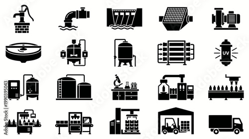 Glyph icons of water treatment infrastructure featuring dams and wells, ideal for utility project design.