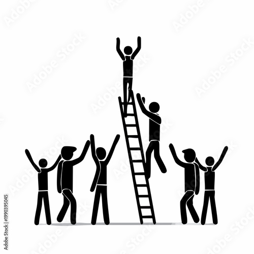 Ascending to Success: A symbolic representation of a team striving for and achieving success, as individuals collaborate to help one person reach new heights.