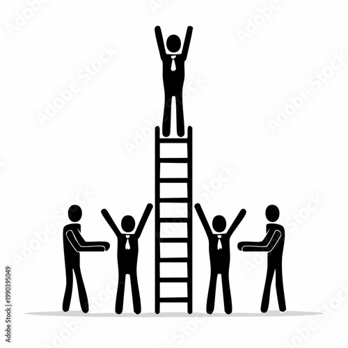 Reaching New Heights: An illustration of a group of stick figures working together to help one person climb a ladder and achieve a higher position.