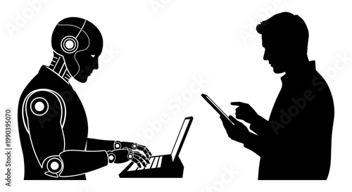 Collaboration between a human and a futuristic robotic assistant working together on technology Vector, illustration