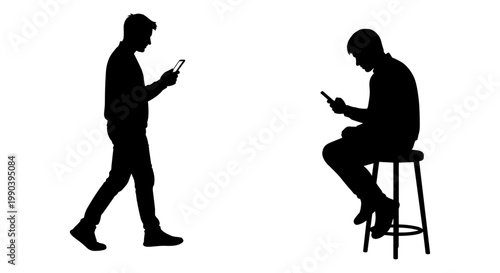 Contrast between walking and sitting while using smartphones in daily life Vector, illustration