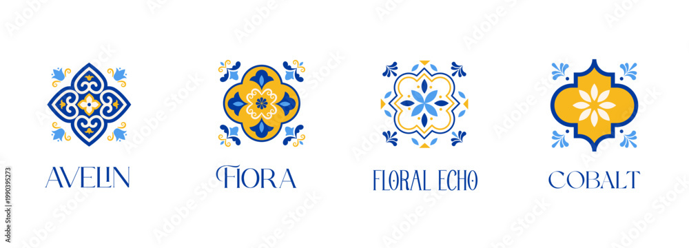 Naklejka premium Traditional Azulejo Portuguese tile patterns collection. Ornamental Mediterranean ceramic set. Moroccan decorative elements and vector illustrations.
