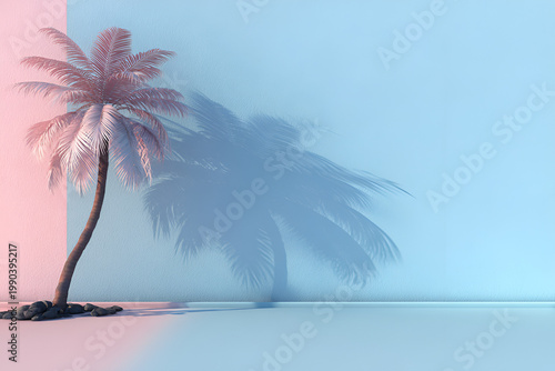A pastel-lit palm tree casts a long shadow on a two-toned wall. The scene is minimalist