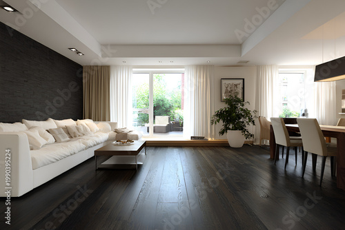 A modern, sunlit interior reveals an expansive living area with a dark hardwood floor. A large white sofa faces a wood coffee table