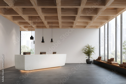 A modern reception area with a curved white desk, a grid-like wooden ceiling, and floor-to-ceiling windows