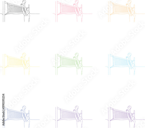 Continuous line drawing of volleyball player near net on a checkerboard background.