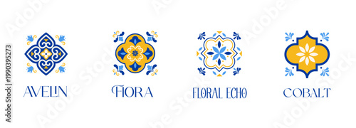 Traditional Azulejo Portuguese tile patterns collection. Ornamental Mediterranean ceramic set. Moroccan decorative elements and vector illustrations.