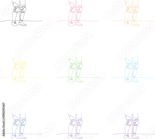 Protective knee pads and leg guards for cricket or hockey in continuous line drawing style.