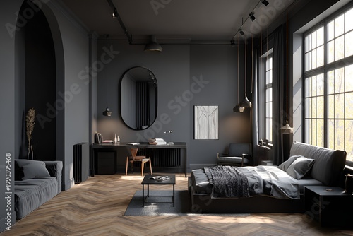 A modern, dark-toned bedroom featuring a bed, desk, and arched doorway. Large windows flood the space with light