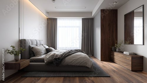 A modern bedroom features a large bed with a plush headboard, soft bedding, curtains, a window, a wooden dresser, a mirror, and wall plants