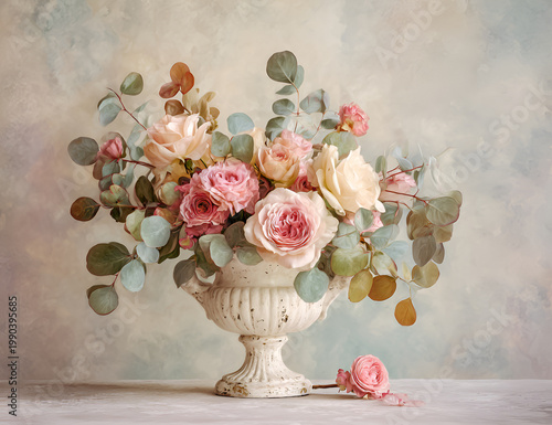A classical flower arrangement, featuring pastel roses and eucalyptus, in an ornate, aged urn against a soft background