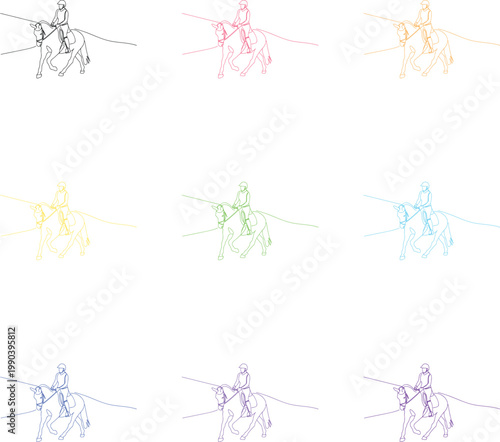 Minimalist art of a jockey on horse, single continuous line drawing, full length, simple flat.