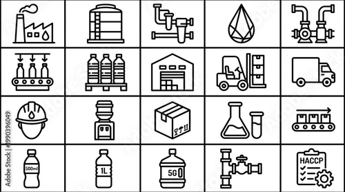 Bottled water plant and filtration linear icons highlighting HACCP compliance, ideal for graphic resources.