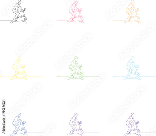 Continuous line drawing set of man training on stationary exercise bike for fitness health.