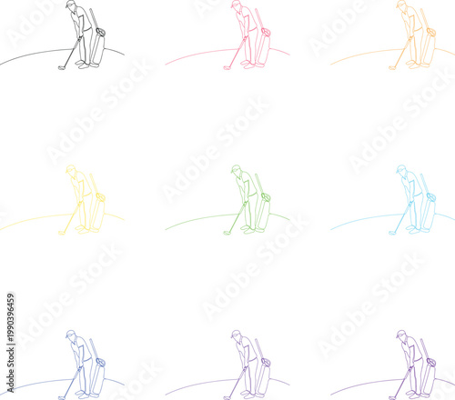 Golfer taking aim for putt on green field with golf bag in minimalist line drawing style.