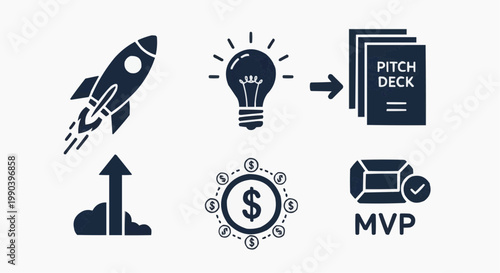 Startup business icon set, rocket launch and pitch deck symbols, MVP development and venture capital funding icons, flat vector collection