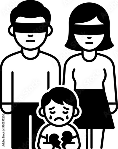 Family relationship problem icon with sad crying child with broken heart and blindfolded mother and father. Concept of divorce, domestic violence. Vector symbol