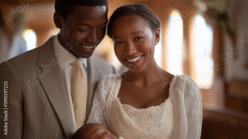 Young Black mother in ivory wrap dress holds baptized baby toward sunlight streaming through chapel windows, proud father beside her in tailored suit, white lace gown on infant, Black family religio