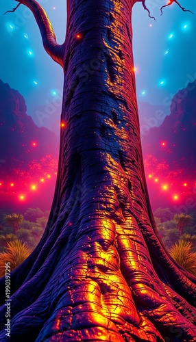 Abstracted trunk ascends, a beacon of saturated sapphire and gold, framed by an expansive view,  sapphire,  trunk