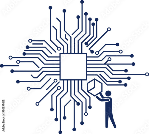 Abstract circuit board with microprocessor and man building technology concept. AI, data, processor, system development. Vector illustration for IT and science