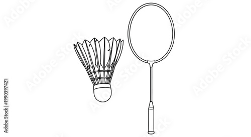 Fotografija A simple black and white illustration depicts a badminton shuttlecock and a badm