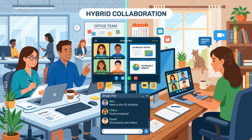 A group of people collaborating in a modern office with a hybrid team working remotely AI, EPS, PNG, JPG, transparent background