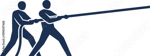 Two men pulling a rope in a tug of war game. Teamwork and competition concept. Simple flat graphic symbol for business, sport. Vector icon