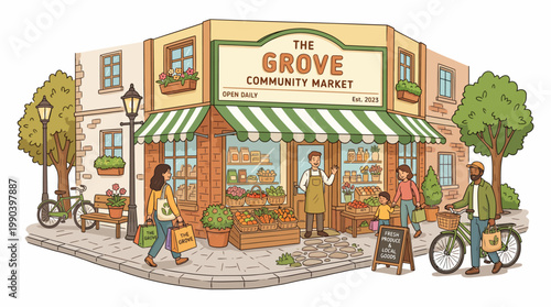 A vibrant illustration of a community market with people shopping and socializing outside AI, EPS, PNG, JPG, transparent background