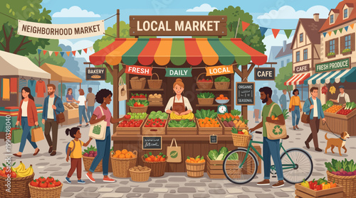 A vibrant illustration of a local market scene with people shopping for fresh produce on a sunny day. AI, EPS, PNG, JPG, transparent background