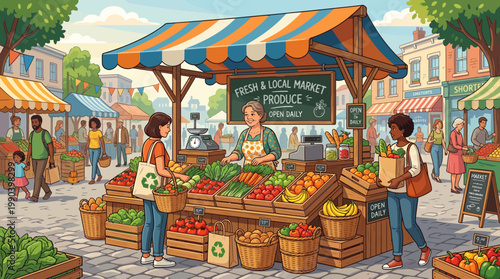 A vibrant outdoor market scene with a colorful produce stand and people shopping for fresh fruits and vegetables. AI, EPS, PNG, JPG, transparent background