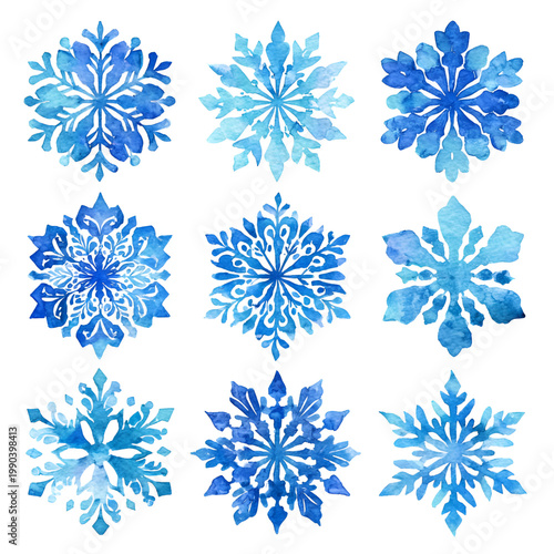 Nine watercolor snowflakes in varying shades of blue, arranged in three rows of three. Each exhibits unique icy patterns
