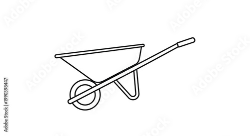 A simple black and white line drawing depicts a classic wheelbarrow a common gardening tool high quality professional