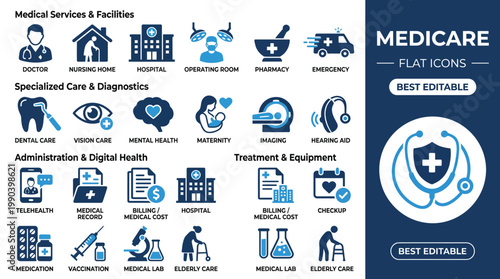 Medicare Solid Icon Set. Insurance, Healthcare, Senior, Elderly, Benefit, Coverage, Policy. Editable Vector Illustration .
