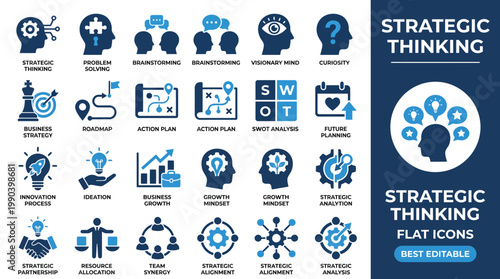 strategic thinking solid icon set. vision, planning, analysis, logic, solution, leadership. editable vector illustration collection set.