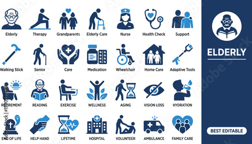 elderly solid icon set. senior, retirement, care, aging, health, pensioner, support. editable vector illustration collection set.