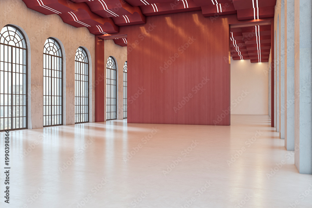 Fototapeta premium Spacious modern gallery interior featuring tall arched windows, expansive light-filled room and bold red central wall creating a contemporary exhibition space. 3D Rendering
