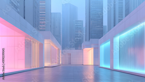 Modern city scene with pastel-colored lighting illuminating futuristic buildings. Misty atmosphere enhances the architectural detail