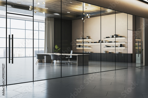 Canvas Print Modern corporate office interior with glass partitions, sleek furniture, illuminated shelves and spacious contemporary workspace design