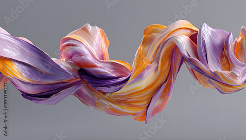 Flowing, abstract composition of layered, vibrant hues. Curved ribbons of violet, orange, and white blend dynamically. A soft, gray backdrop