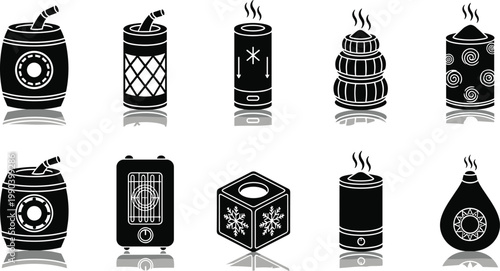 Air Humidifier and Essential Oil Diffuser Icon Set Featuring Various Modern Appliance Shapes with Mist and Steam Symbols for Smart Home and Wellness Graphic Design