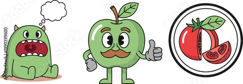 Cute Cartoon Monster and Apple Character with Mustache Thumbs Up and Tomato Slice Food Illustration Vector Set