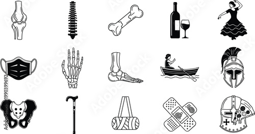 Diverse Lifestyle and Orthopedic Icon Set Featuring Skeletal Anatomy Medical Supplies Historical Helmets and Leisure Activities for Healthcare and Education Graphic Design