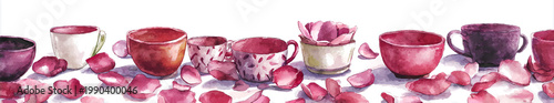 A watercolor painting presents a series of colorful teacups and scattered petals against a white background, evoking a delicate atmosphere