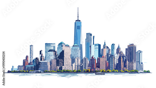 New york city skyline drawing with urban skyscrapers