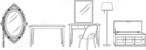 Modern and Vintage Home Furniture Icon Set Featuring Dressing Table with Mirror Floor Lamp Ornate Wall Mirror and Storage Bench for Interior Design Graphic Projects