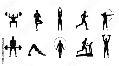 Set of silhouettes of people doing various sports and fitness exercises