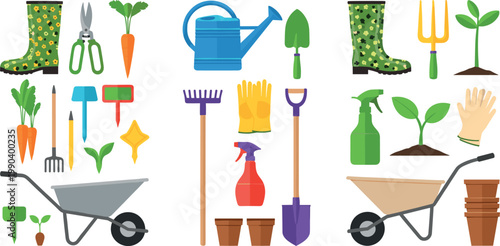 Colorful Gardening Tools and Equipment Set with Boots, Wheelbarrow, Shovel, Rake, and Garden Accessories for Farming and Spring Designs