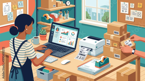 Woman entrepreneur managing e-commerce business order fulfillment and shipping logistics in home office workspace with laptop and boxes