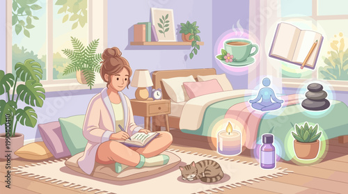 Young woman journaling in a cozy pastel bedroom with a sleeping cat and floating wellness icons for self-care and mental health