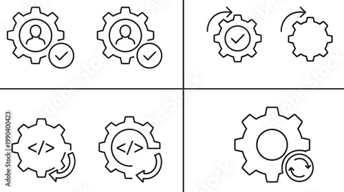 Software Development and Automation Icon Set Featuring Gear Symbols with Coding Brackets User Management and System Update Icons for IT Technical Graphic Design